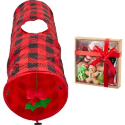Frisco Holiday Buffalo Plaid Foldable Play Tunnel Cat Toy With Catnip & Frisco Holiday Festive Red Variety Pack Gift Box Cat Toy With Catnip, 14 Count